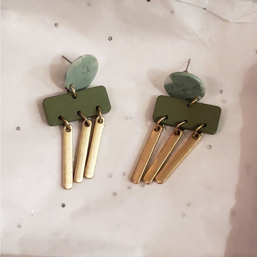 3 for $25 Gold, Green Dangle Earrings ~2"